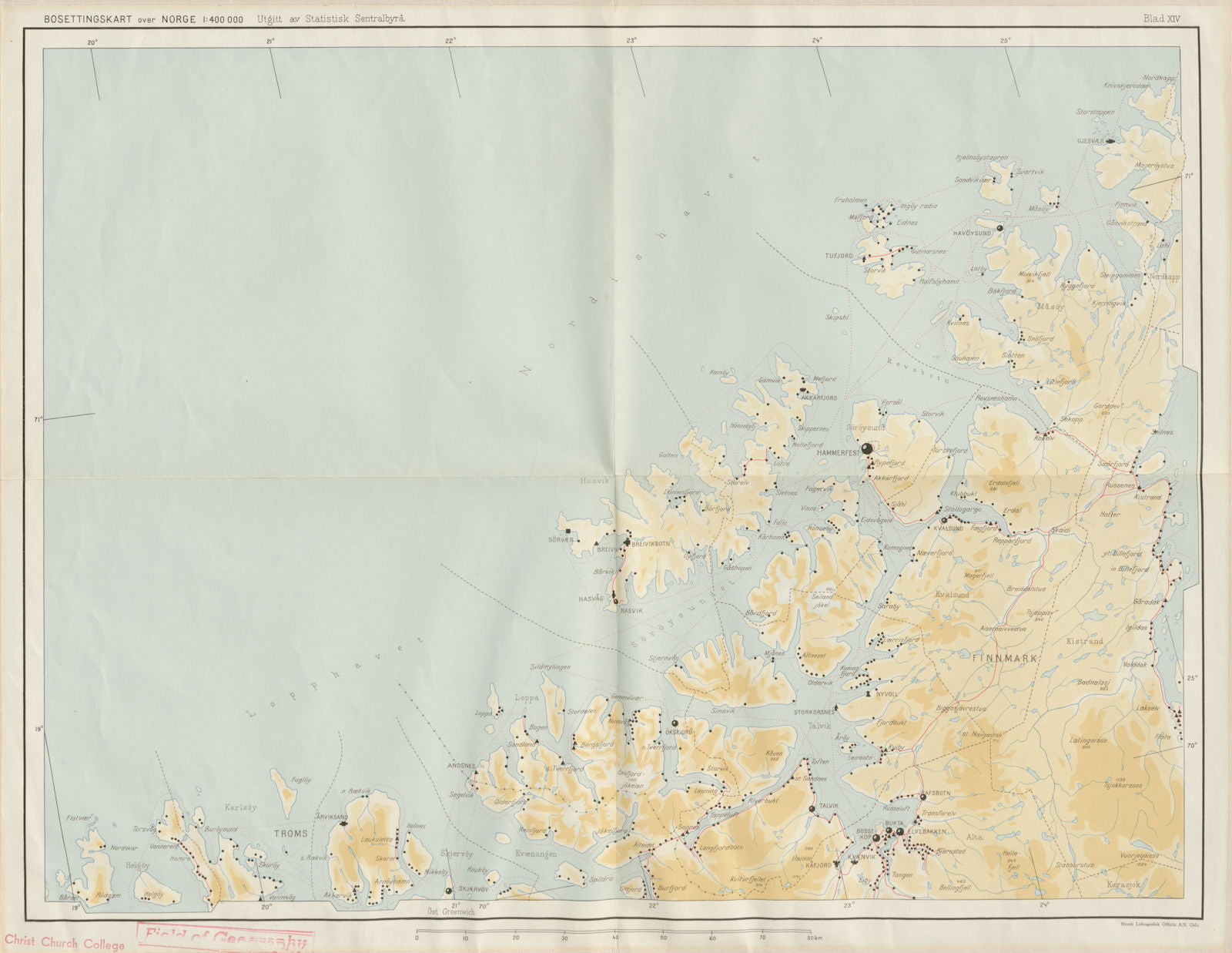 Norway Norge settlements. Hammerfest Alta. Finnmark Troms 48x62cm 1950 old map